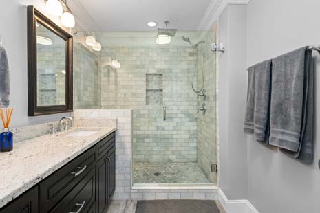 Renovated master bath with walk-in shower